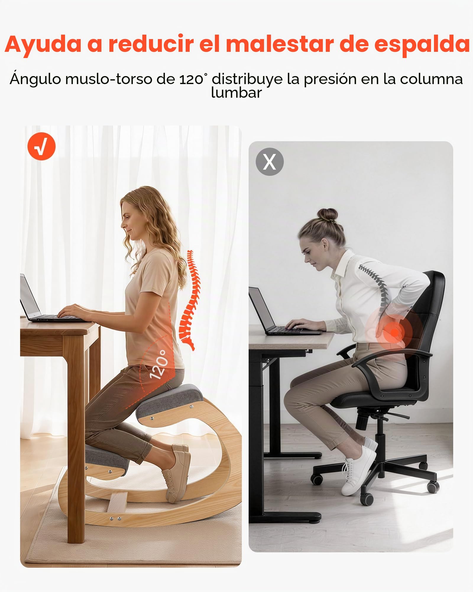 VEVOR Silla Ergonómica de Rodillas con Estructura de Madera y Cojín de Espuma Gris, Taburete para Rodillas Carga de 120 kg, Relajarse de Cuello y Espalda para Hogar, Oficina, 82 x 54 x 55,5 cm