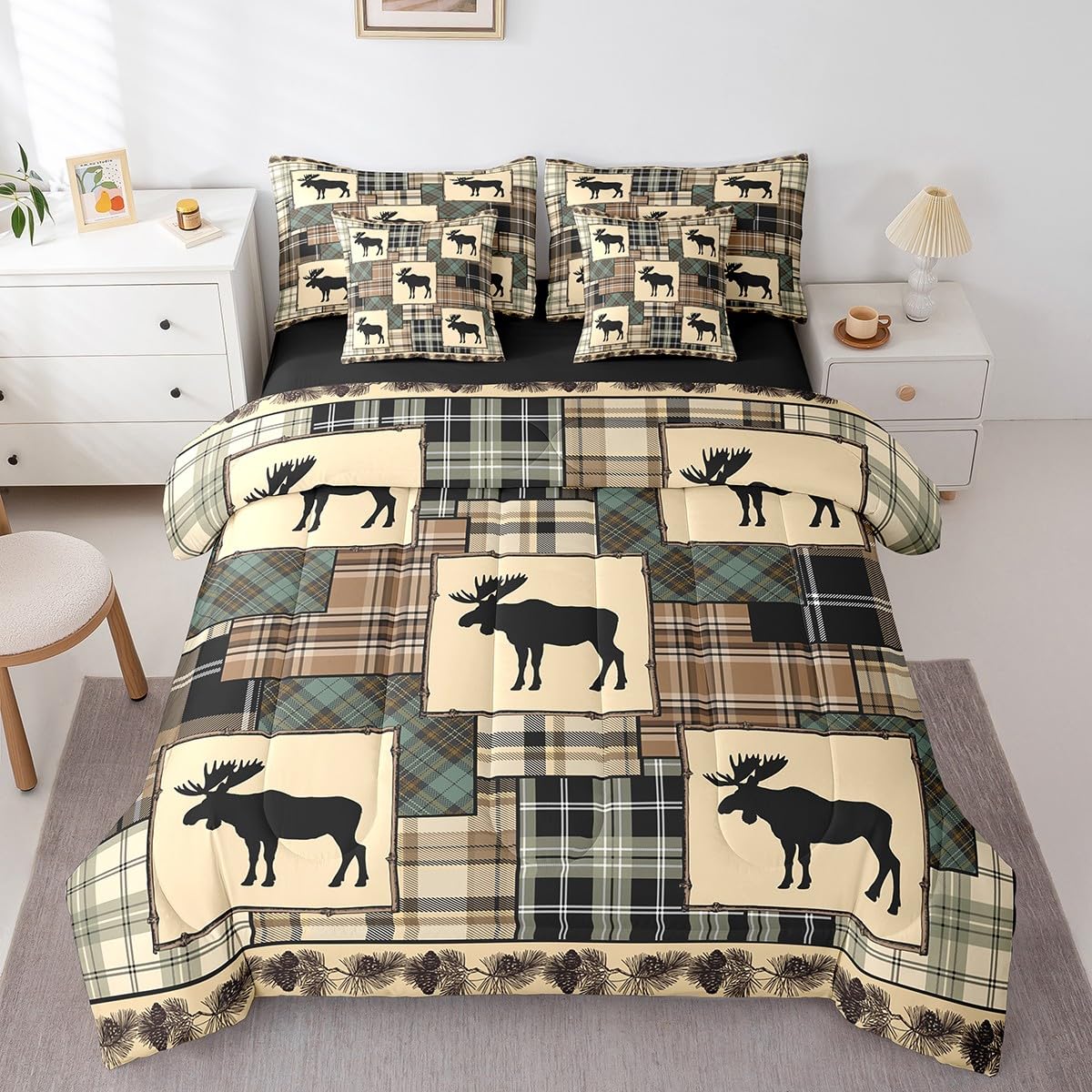 Farmhouse Decor Rustic Moose Queen Comforter Set with Sheets, Deer Hunter 7 Piece Bedding Set Woodland Animals Wildlife Bed in a Bag, Patchwork Brown Green Checkered Buffalo Plaid Bed Sets