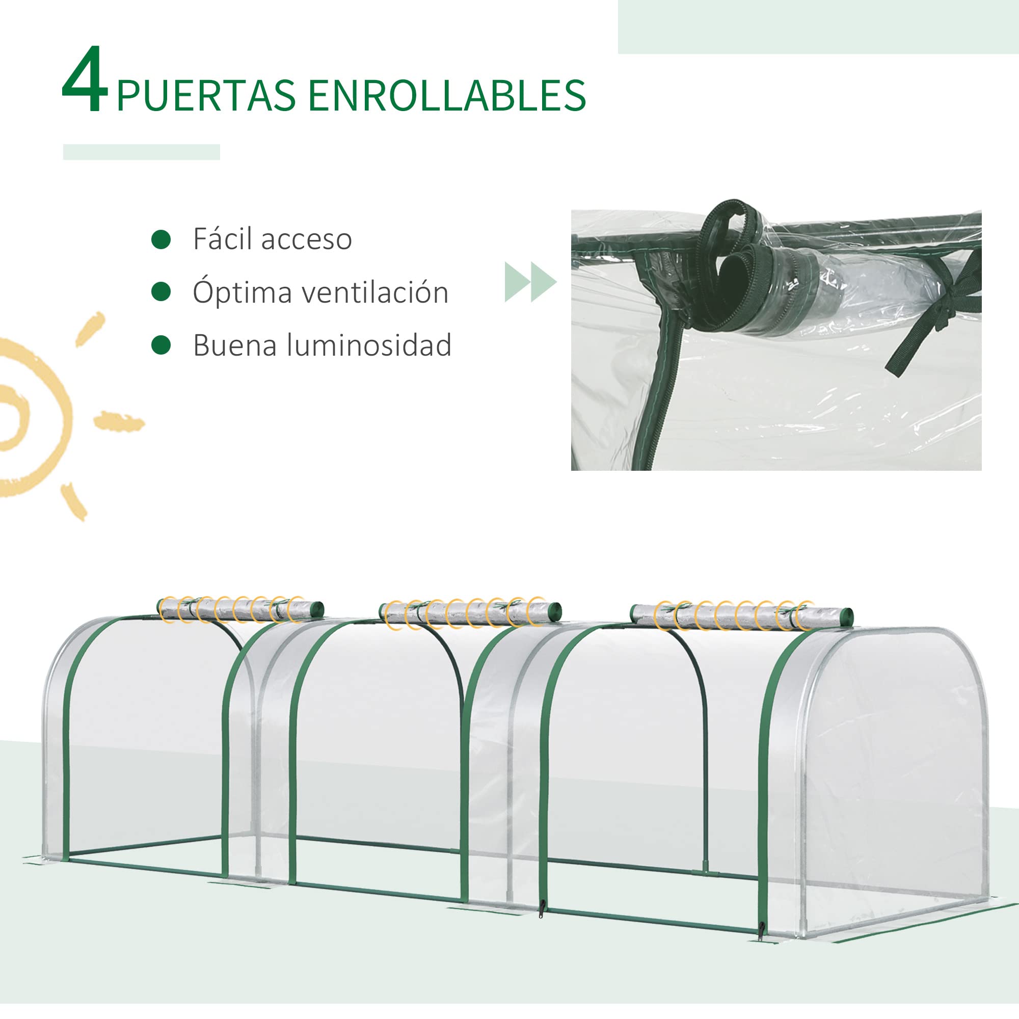 Outsunny Invernadero de Exterior 295x100x80 cm Invernadero de Jardín con 3 Puertas Enrollables Marco de Acero para Cultivos Plantas Flores Transparente