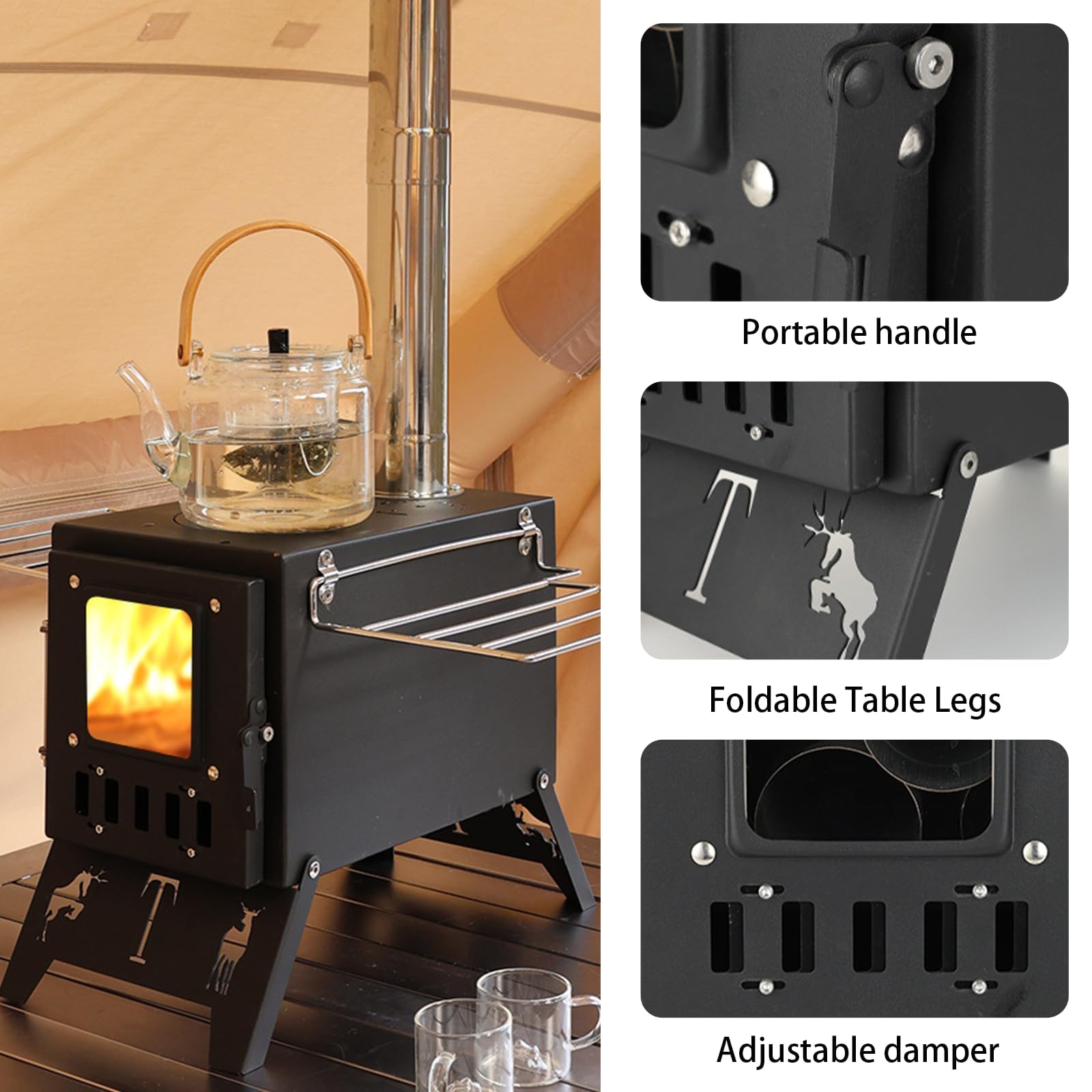 Réchaud de camping portable – Réchaud à bois avec tuyaux de cheminée et grand foyer pour la cuisine en plein air, barbecue, randonnée, pêche, chasse et chauffage