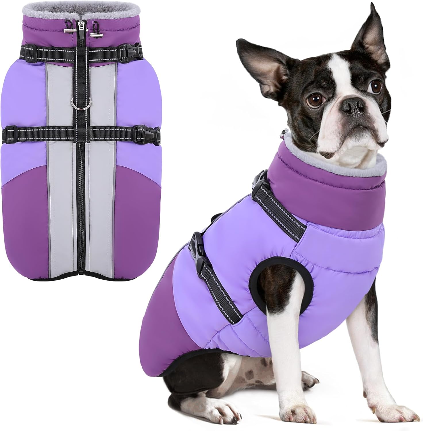 SUNFURA Small Dog Coat with Harness Built-in, Warm Dog Jacket with Zip, Reflective Winter Coat Pet Sweater Clothes for Small Dogs Schnauzer, Yorkshire Terrier, Shih Tzu, Purple S