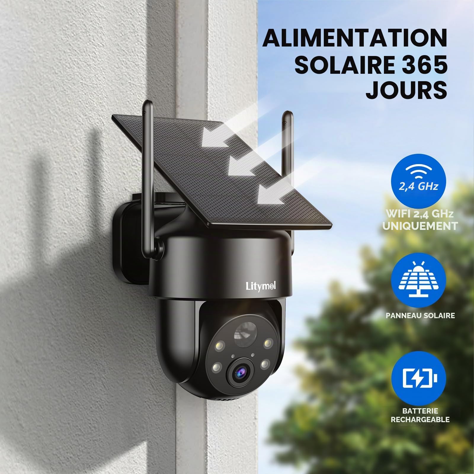 LITYMOL Caméras de sécurité WiFi 2K 2,4 g sans fil pour l'extérieur, vue à 360 °, caméras solaires pour la sécurité de la maison, vision nocturne en couleur, détection de mouvement, audio