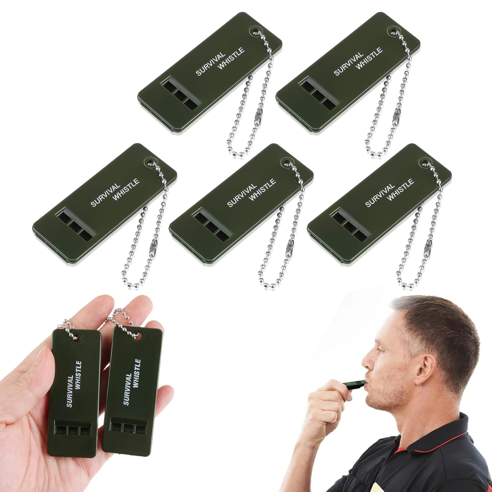 5 Pack Whistle with Chain, Survival Gadgets for Outdoor Camping, Whistle Wonder, Survival Kit Accessory, Trekking, Suitable for Various Occasions, Sports Coach (Green)