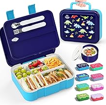 Lehoo Castle Children's and Leakproof Lunch Box for Children, 1250 ml – Small Bento Box Lunch Box with Fork, Spoon, 5 Compartments and Saucer (Dinosaur)