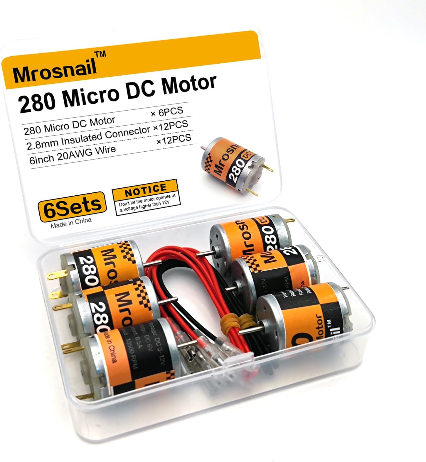 6Pcs 280 Micro DC Motors 3V-12V 13500RPM 0.5A with 2.8mm Insulated Connector & 6inch 20AWG Wire for RC Boat, DIY Airplane, Model Toys, 12V DC Motor Compatible