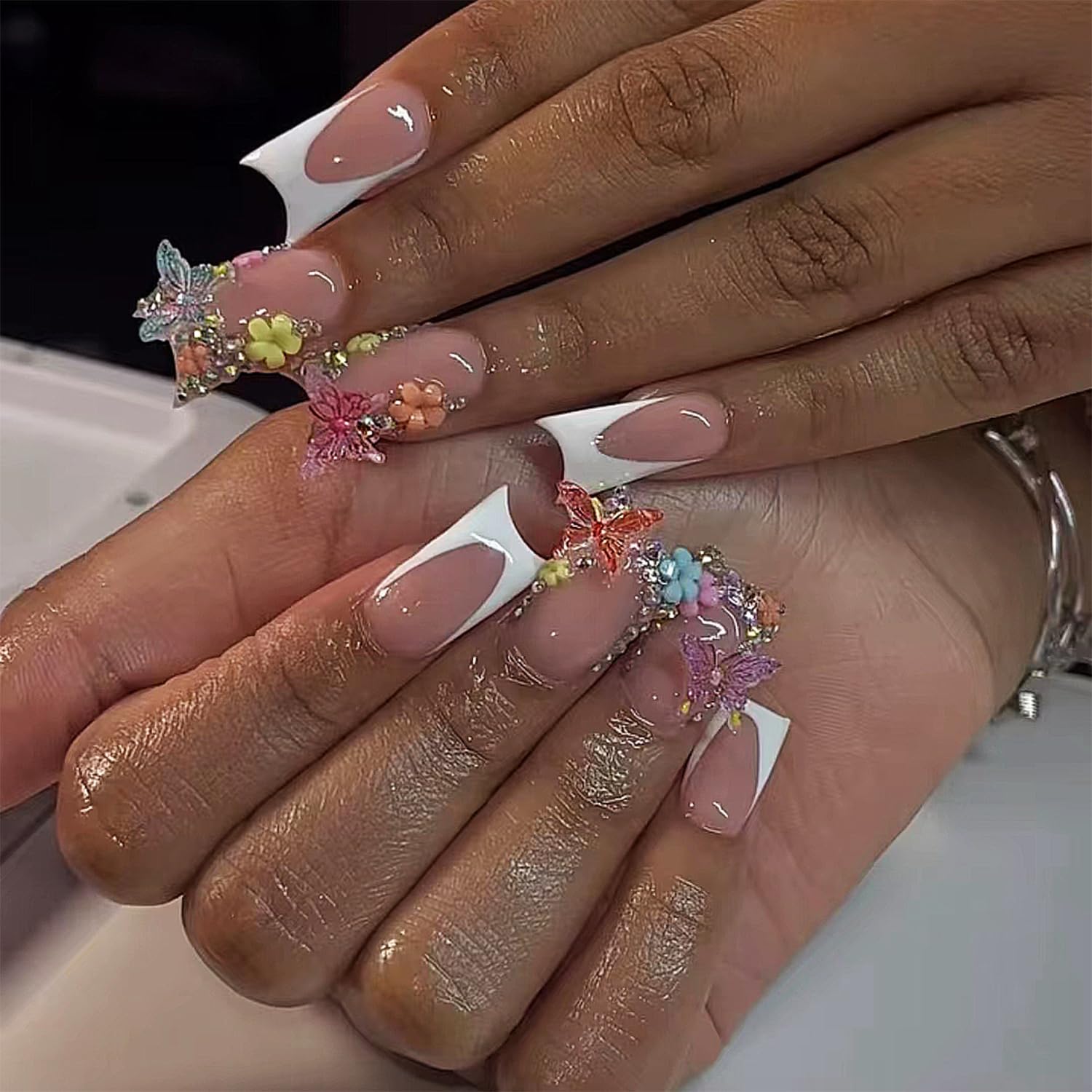 Flower Press On Nails Medium Square Gold Pearl Star Nude Pink_voghion.com