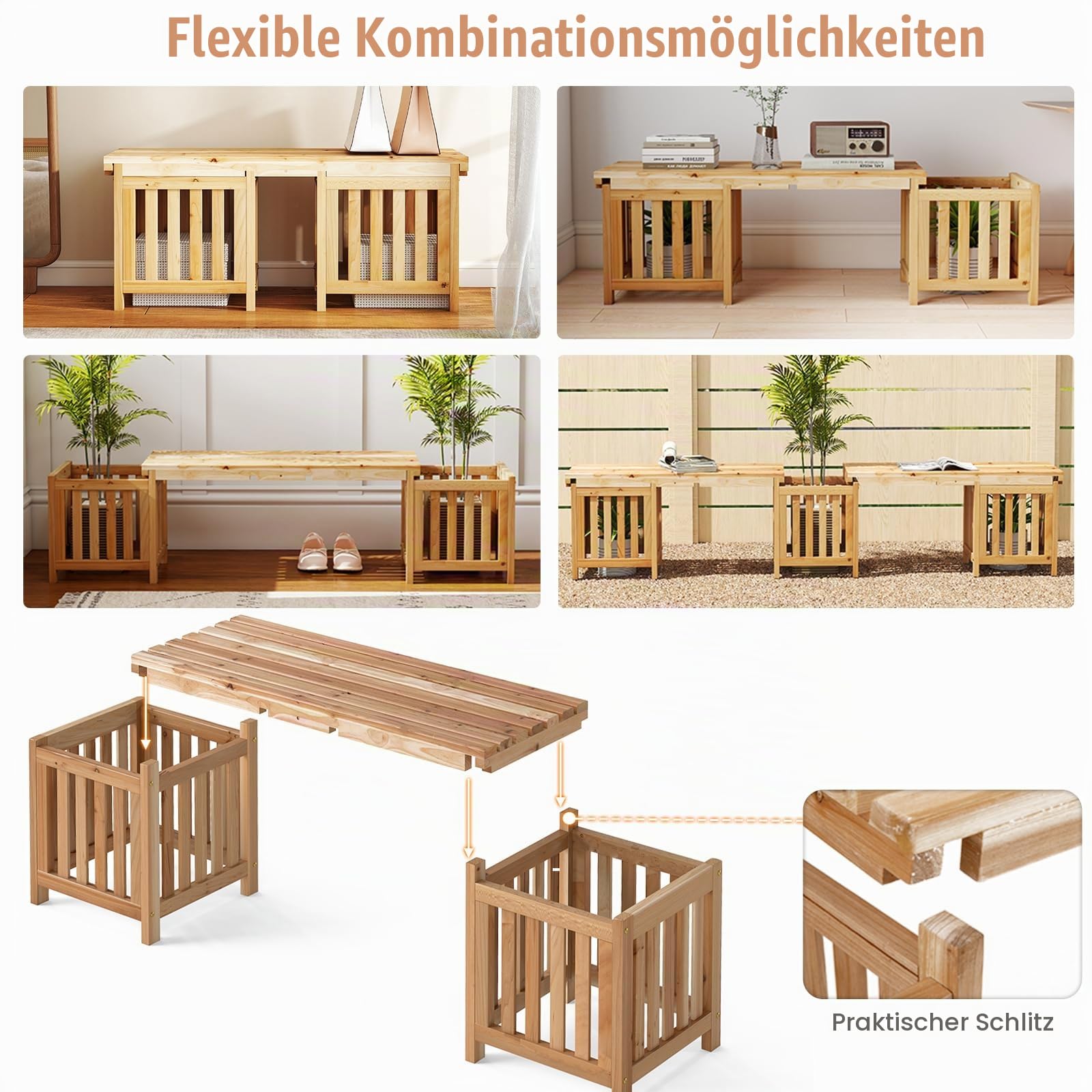 HOMASIS 2 in 1 Blumenkasten mit Gartenbank, 2-Sitzer Sitzbank mit 2 Pflanzkästen, 2 Pflanzkübel mit Bank aus Massivholz, Outdoor Holzbank Gartenmöbel für Garten Hof Terrasse (Natur, 173x40x48 cm)