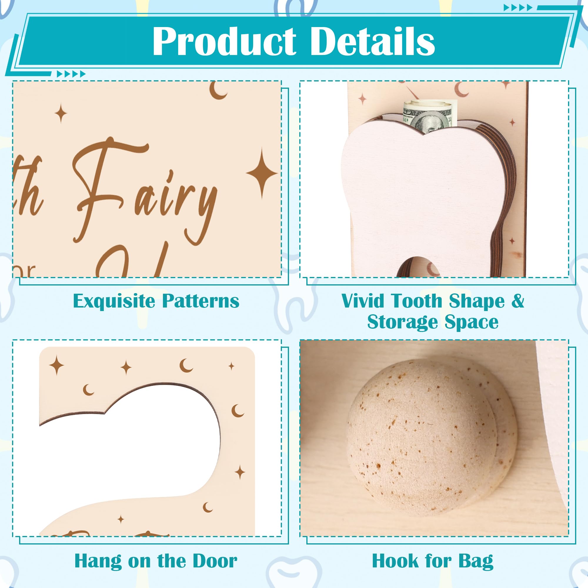 1+4PCS Tooth Fairy Door Holder, Windspeed Tooth Fairy Door Hanger with Slot Encourage for Lost Teeth Gift with 2 Bottles/ 2 Pouch - Image 3