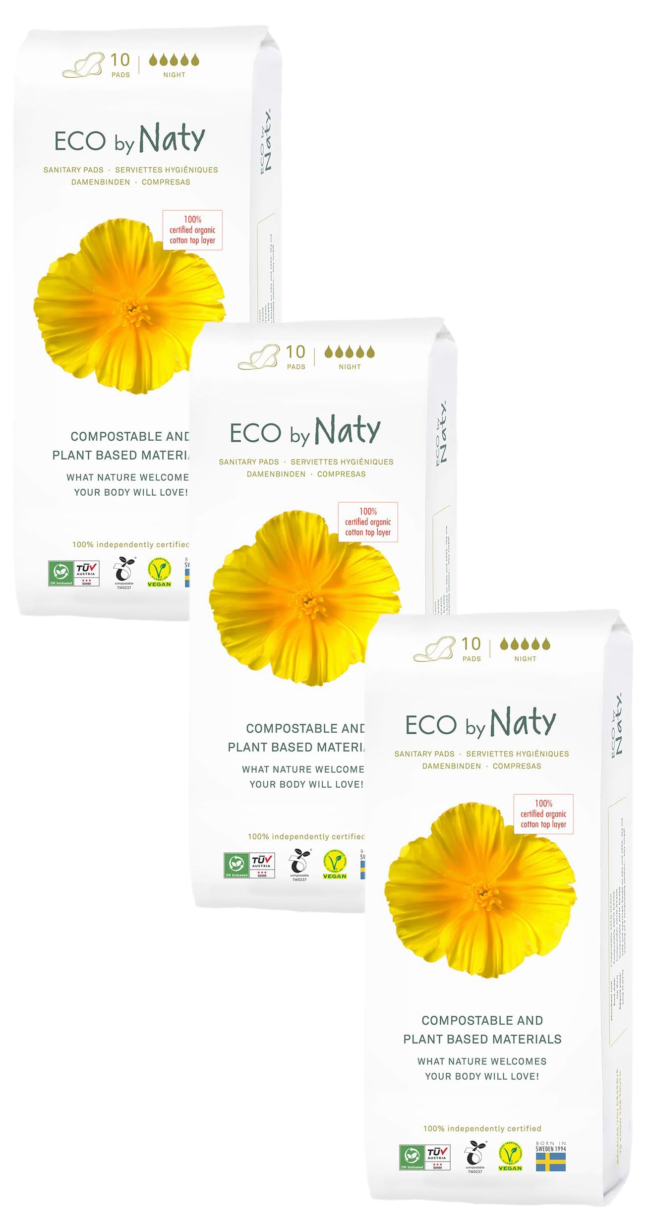 Eco by Naty Sanitary Pads – Plantbased and Absorbent Sanitary Pads for Women, Organic Cotton Menstrual Product, Better for Feminine Health (Night, 10 Count) (Pack of 3)