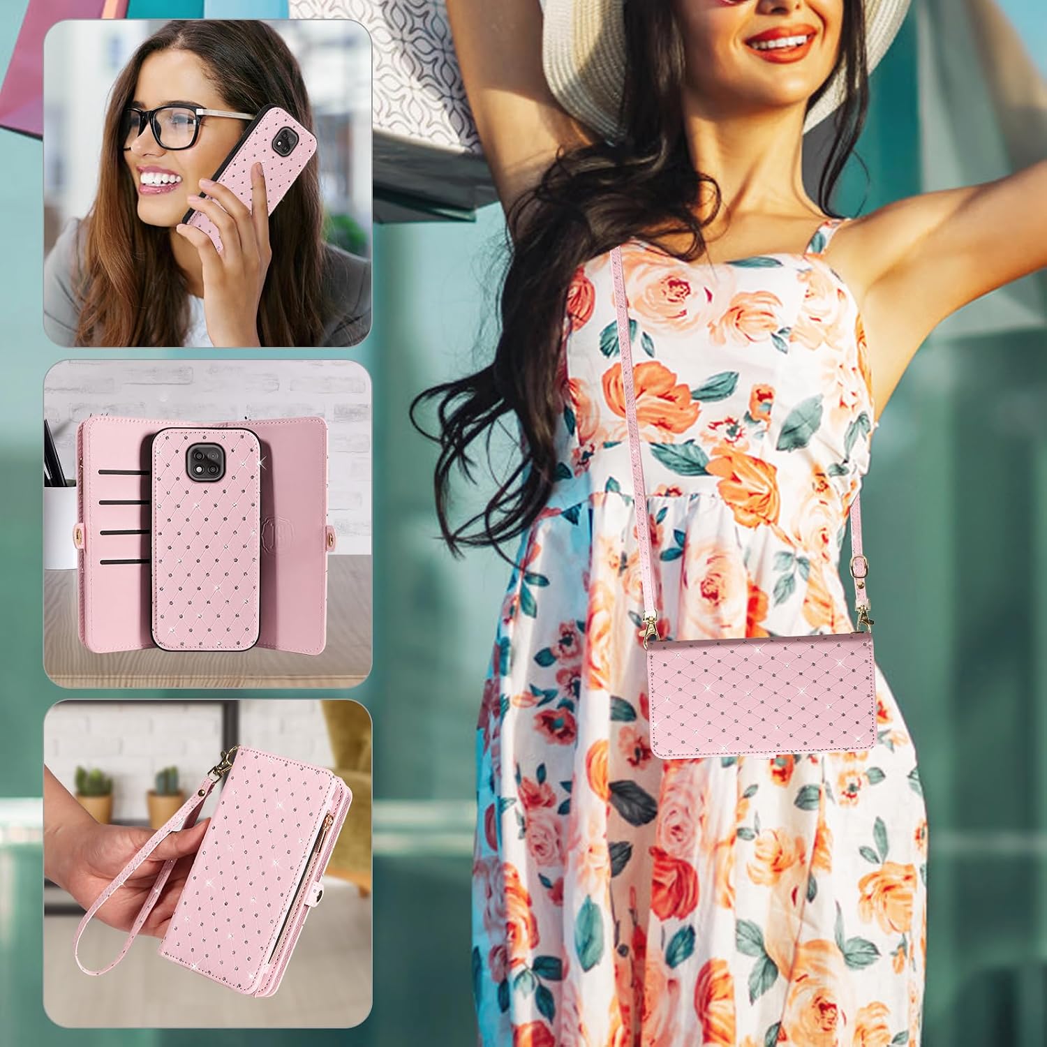 Asuwish Phone Case for Moto G Power 2021 Zipper Wallet Detachable Cell Cover with Tempered Glass Screen Protector Strap Glitter Flip Card Holder Slot Motorola GPower 21 5G Version XT2117-4 Women Pink