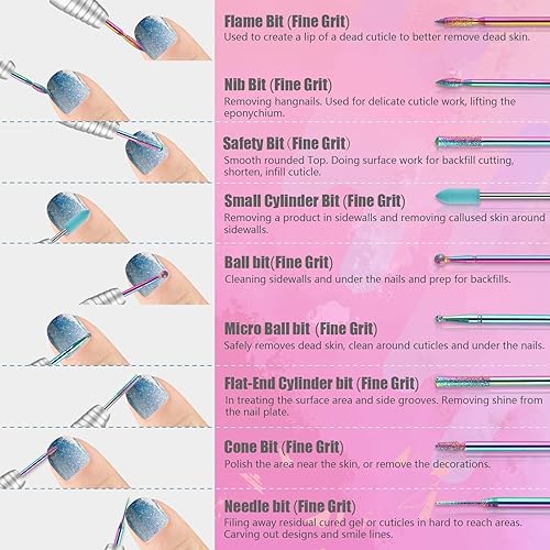 Miniatura 4 de Depvko Juego de 21 brocas de uñas con estuche rosa portátil, brocas de 332 pulgadas para uñas, brocas de carburo de diamante de cerámica, brocas