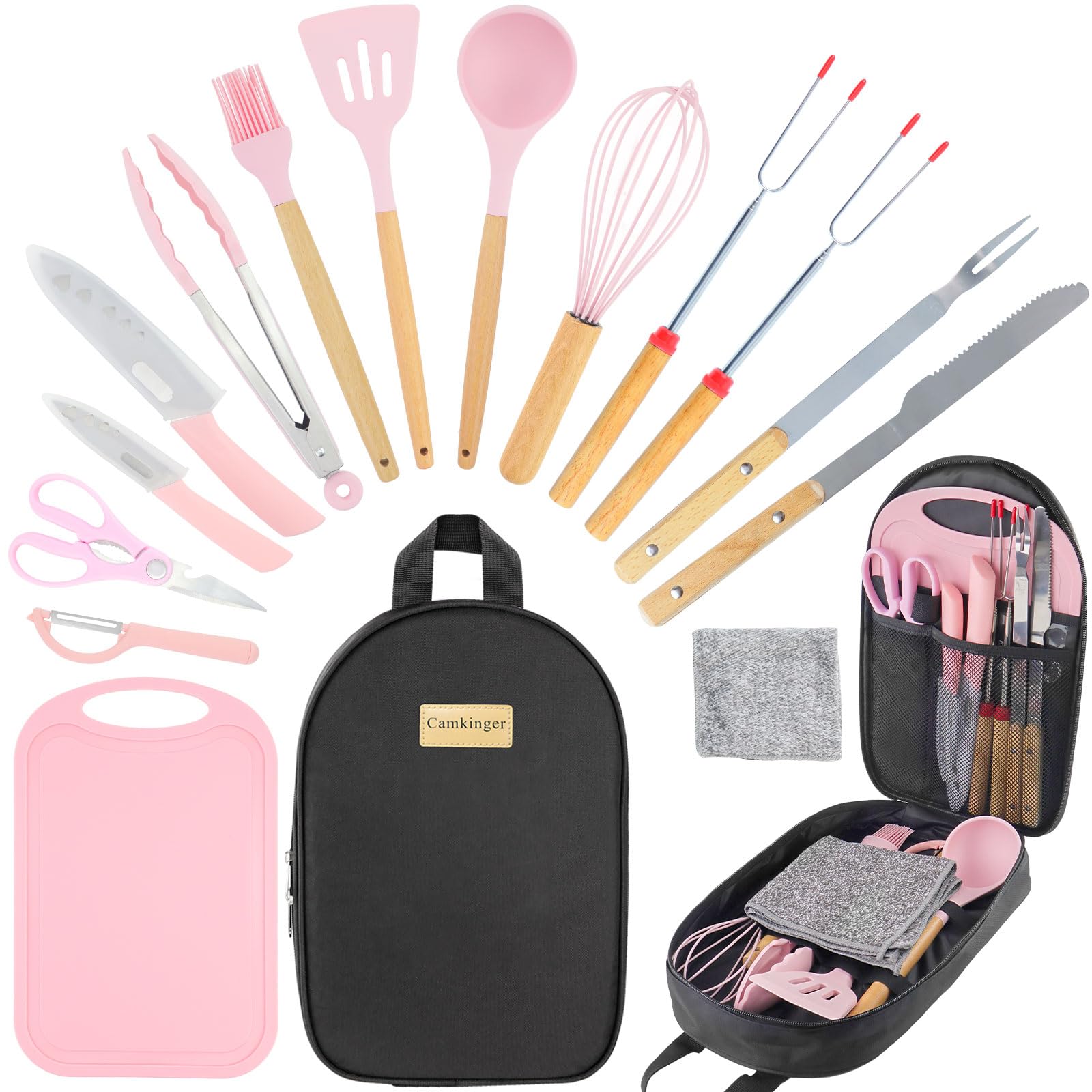 Camkinger Camping Accessories Kitchen Cooking Utensils Set - Portable Outdoor Camp Cookware Set, Silicone Camper Essentials Gear Must Have Supplies