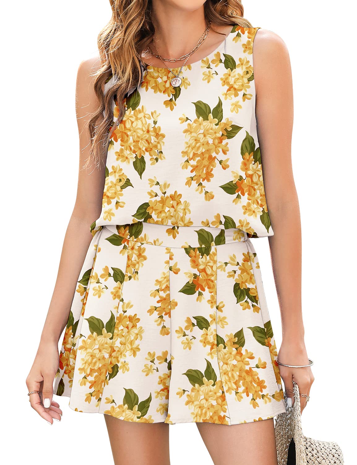 ROYLAMP 2025 Women's Summer 2 Piece Outfits Tank Sleeveless Crop Tops Culottes Shorts Sets Casual Beach Rompers