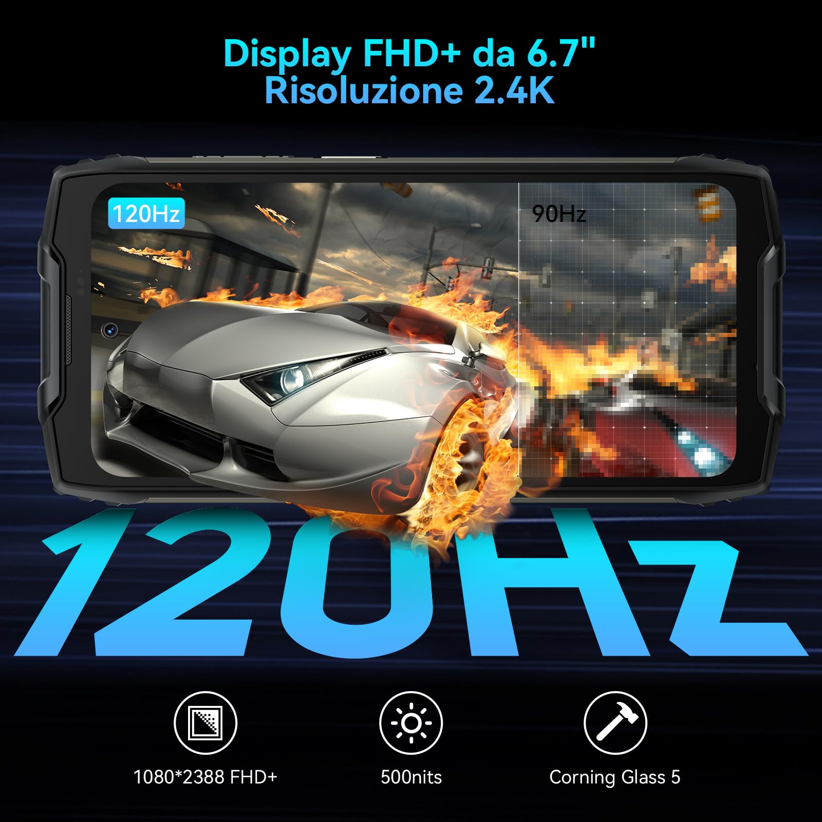 Rugged Smartphone Blackview BV9300Pro con Secondario Schermo, 24GB+256GB(2TB TF), 15080mAh/33W, Helio G99, 6.7'' FHD+/120Hz, 64MP+32MP, Android 13, NFC, Fingerprint, Face ID, Torcia Elettrica da 100LM