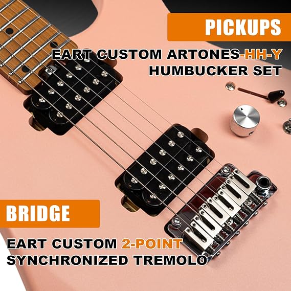 EART 6 String Solid Body Electric Guitar EYP-OMNI24 Roasted Bookmatched Mahogany Body Artones-Hh-Y Pickup Set for Creative Young Musicians(Shell Pink)