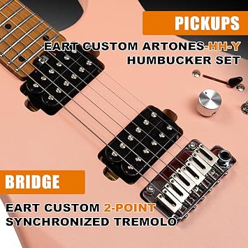 EART 6 String Solid Body Electric Guitar EYP-OMNI24 Roasted Bookmatched Mahogany Body Artones-Hh-Y Pickup Set for Creative Young Musicians(Shell Pink)