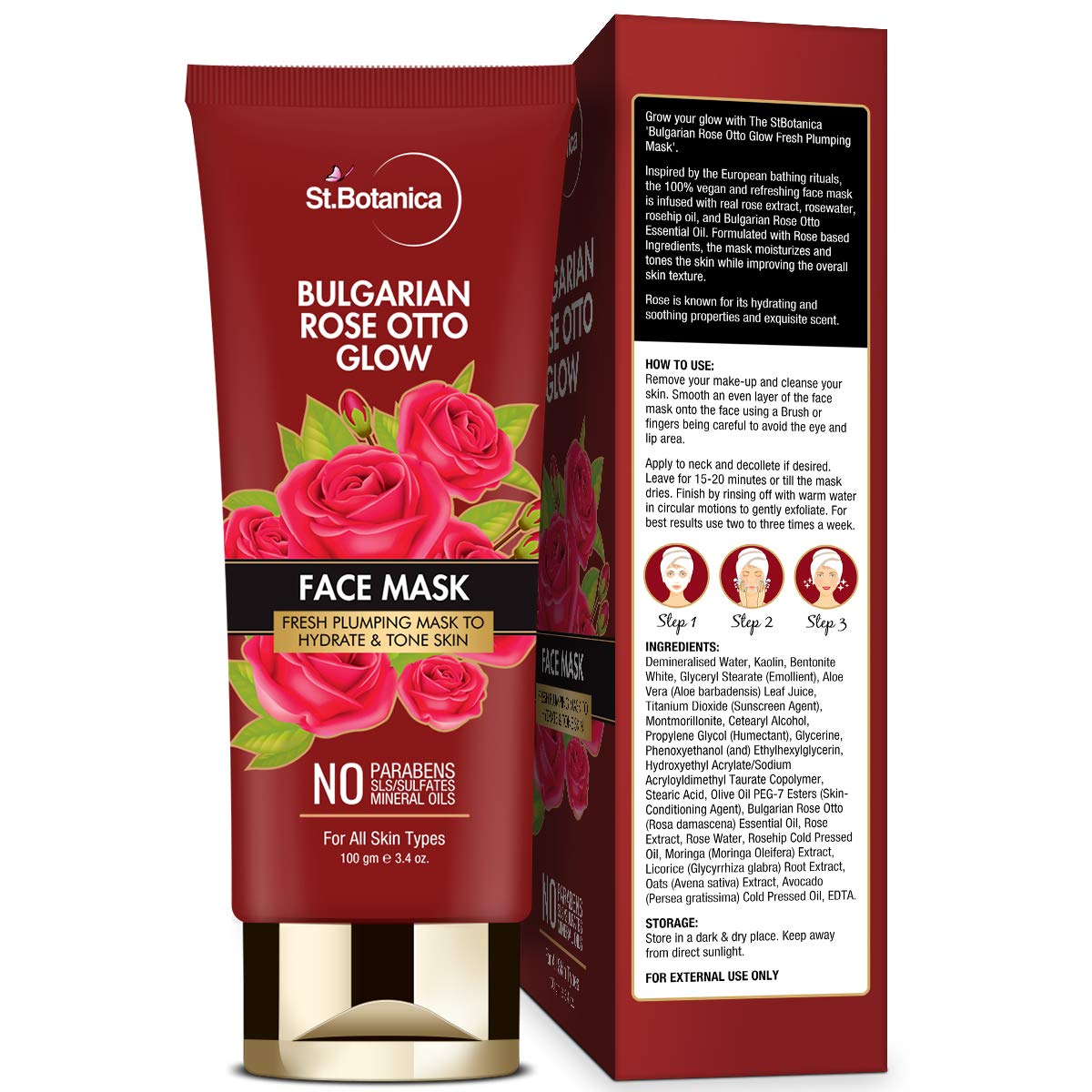StBotanica Bulgarian Rose Otto Glow Face Mask | Fresh Plumping Mask to Hydrate & Tone Skin | No Paraben & SLS - 100gm