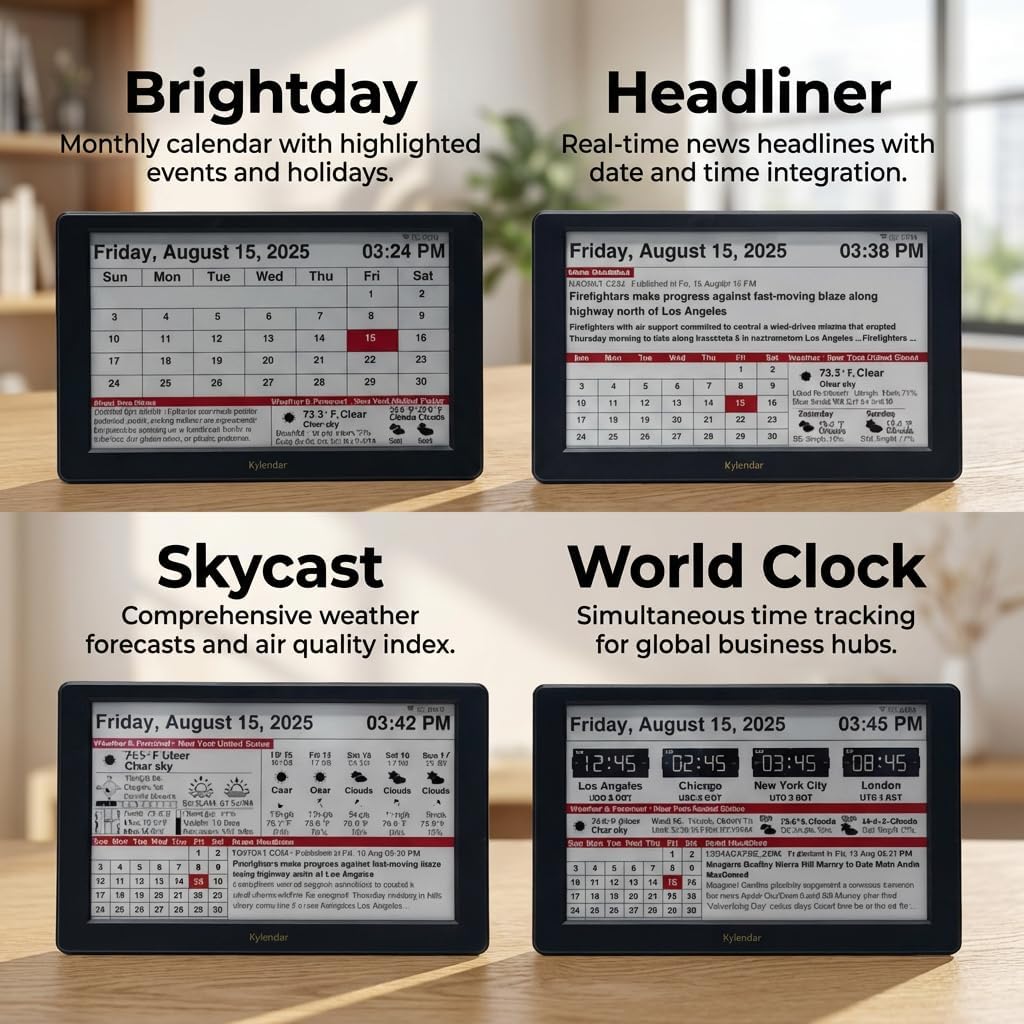 Intelevia 7" Smart E-Paper Desktop Calendar, Wi-Fi Digital Desk Clock with Weather & News, Eye-Friendly E-Ink Display, Auto-Refresh Perpetual Calendar for Office, ABS Shell - Black