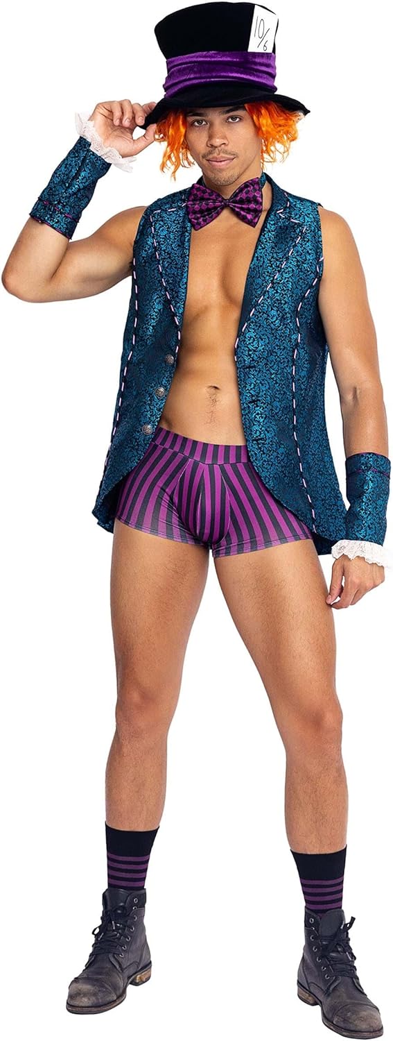 Hunky Mad Hatter Costume for Men - Wonderland Hot Tea Party, Men's Mad Hatter Adult Costume Medium Blue