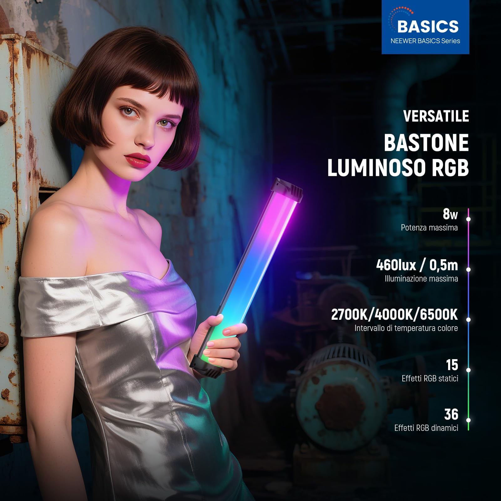 NEEWER BASICS 12" Barra Luminosa RGB Magnetica, 2700K/4000K/6500K CRI95 Dimmerabile 8W Luce Tubo LED Portatile con 51 Modalità RGB 2000mAh per YouTube TikTok Fotocamera Streaming Studio Video, SL30