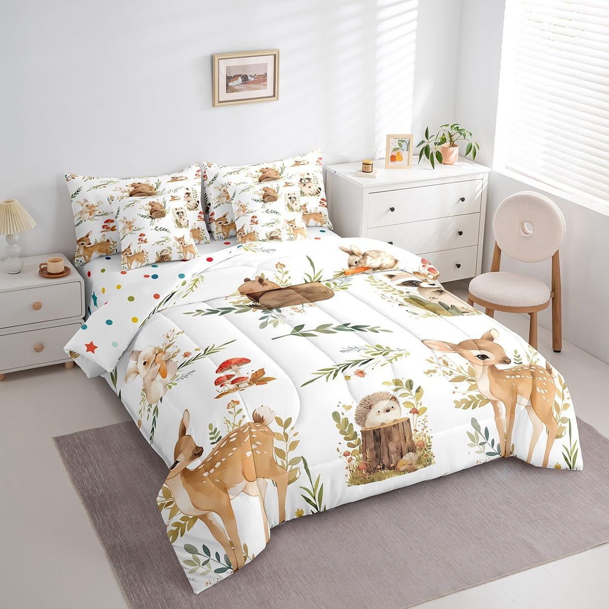 Erosebridal Kids Cute Bear Deer Comforter Set with Sheets Full Size 7 Pieces Woodland Animals Bedding Set Rabbit Hedgehog Raccoon Jungle Animal Bed in A Bag Zoo Animals Bed Sets for Boys Girls