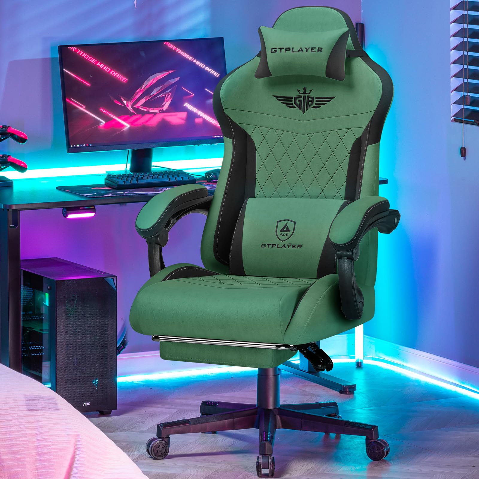 GTPLAYER Gaming Stuhl, Ergonomischer Gamer Stuhl aus Stoff mit Lendenwirbelstütze, PC-Stuhl mit verbreiterter Rückenlehne, Belastbar bis 150 kg, Grün