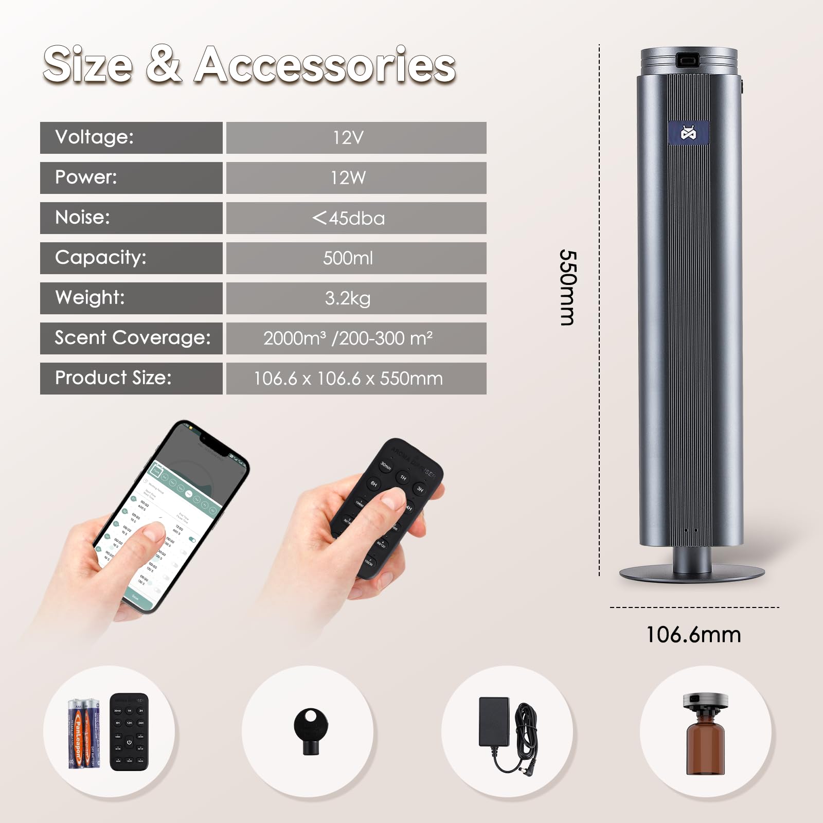 Mxmoonant Difusor de Aceite Esencial sin Aguacon con Niebla Fría, Que Cubre 2000m³, Botella de Aceite de 500ml, App y Remoto Control, Industrial, para Hotelaria, Restaurante, Gimnasios | App/mando a distancia, 2000 m³, detección de aceites esenciales, par