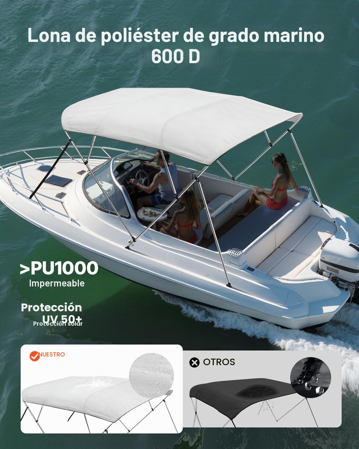 VEVOR Toldo Bimini para Barco 4 Arcos, de Poliéster 600D, Aleación de Aluminio, Impermeable y Parasol, Bolsa de Almacenamiento, 2 Postes de Soporte, 4 Correas, 240 x 229,5 x 137 cm, Gris Claro