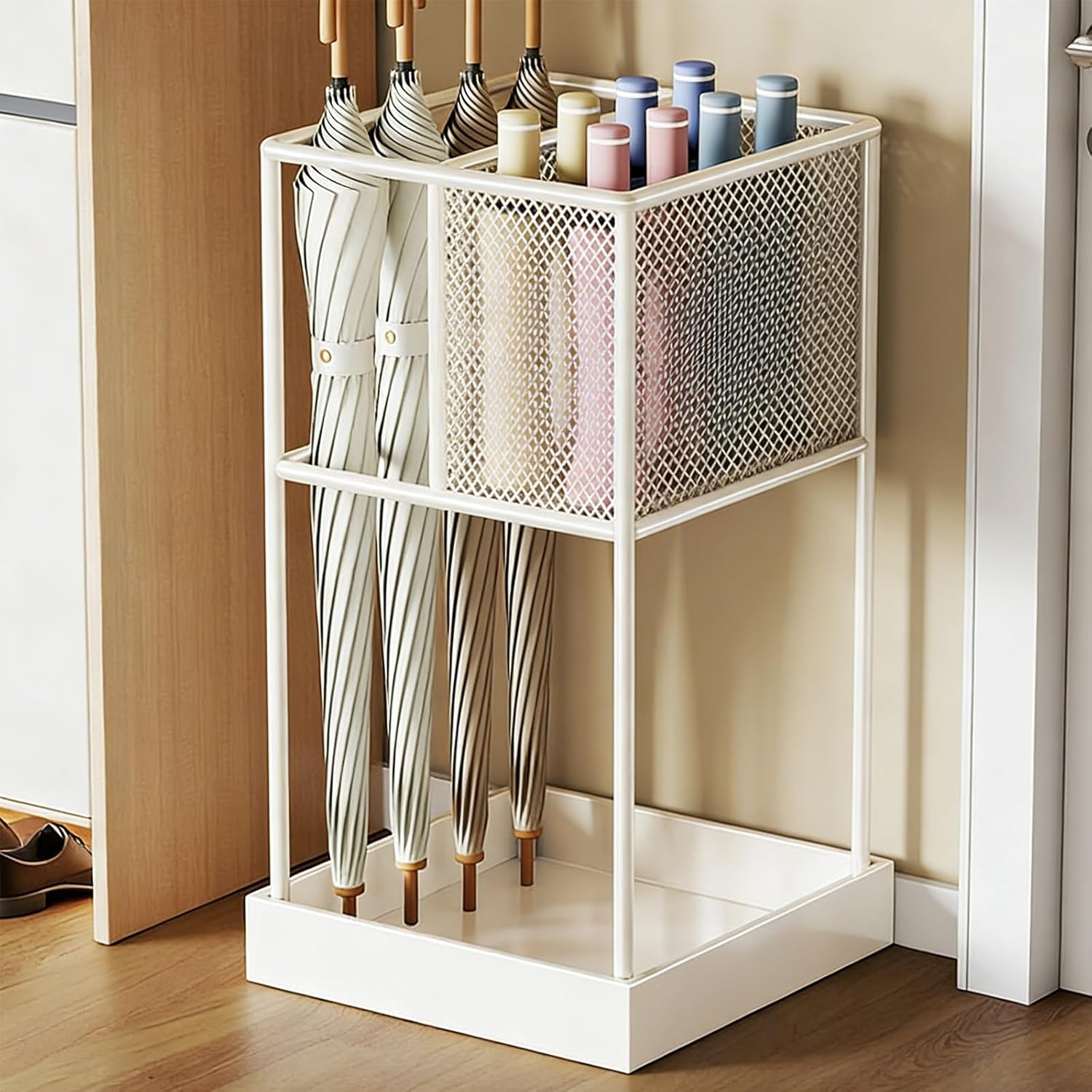 Indoor Standing with Drip Tray and Storage Basket, Commercial Metal Holder for Entryway and Apartment Use