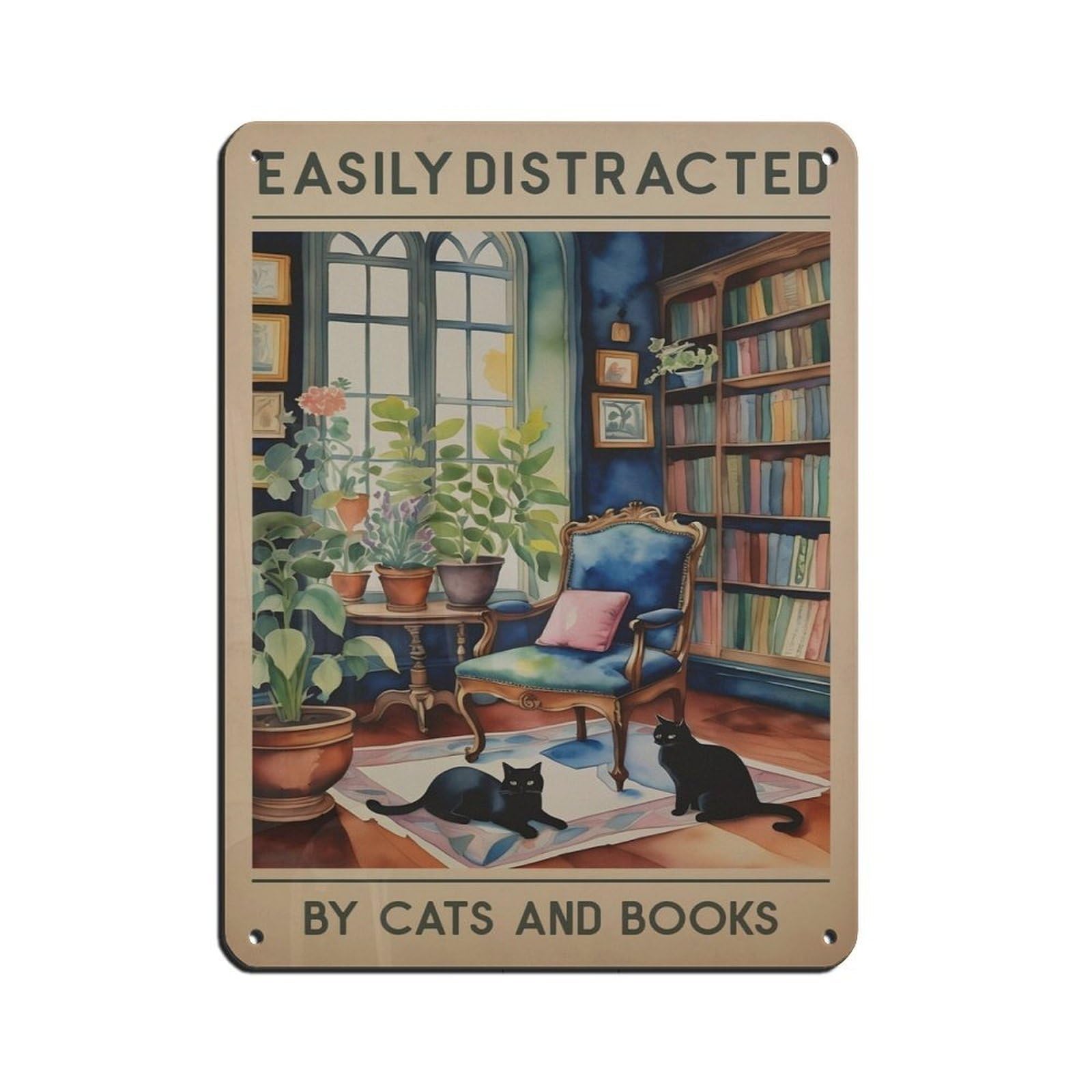 Cat And Books Poster, Vintage Cat, Vintage Book Retro Poster Metal Tin Sign Chic Art Retro Iron Painting Bar People Cave Cafe Family Garage Poster Wall Decoration 12x16inch(30x40cm)