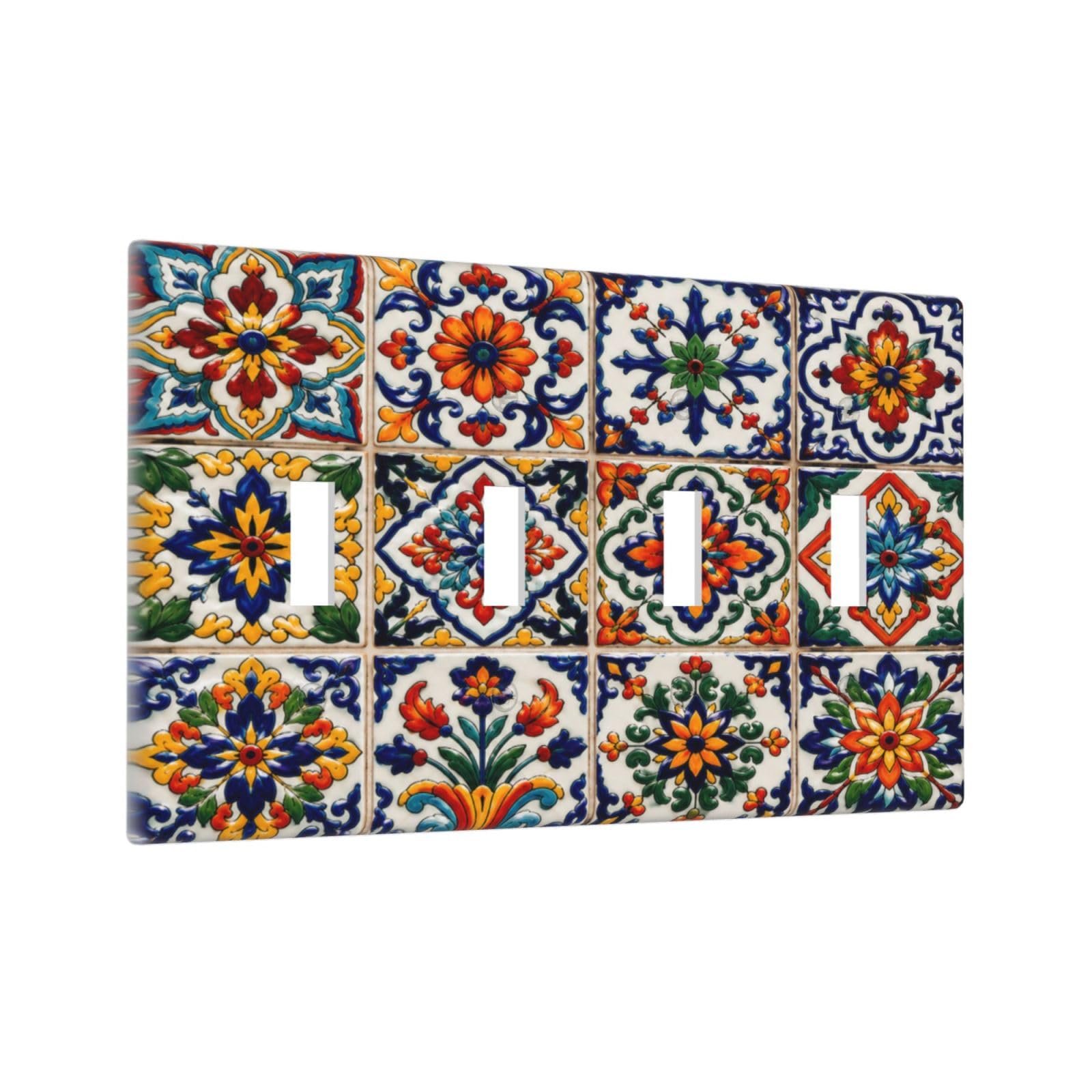 Thsanju Outlet Covers Vintage Ceramic Talavera Quad Toggle Light Switch Covers Decorative Colorful Floral Geometric 4 Gang Wall Plate 4 Hole Electrical Device Switchplate Faceplate for Home Decor