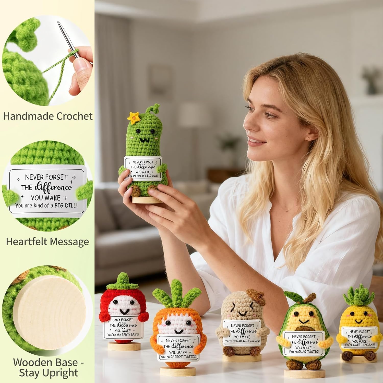 6PCS Positive Crochet Vegetables & Fruits Thank You Gifts for Women, Employee Appreciation Gifts Emotional Support Crochet Buddies w/Card, Valentines Day Birthday Gift for Women Coworker Teacher Nurse - Image 6