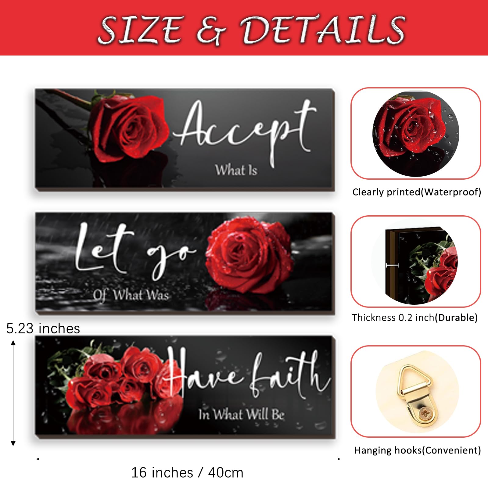 Decorazione da parete in legno, con rose rosse, decorazione da parete per ufficio, con scritta Accept Let Go, con citazioni positive per ragazze, donne, bagno, soggiorno, camera da letto, 30 x 10