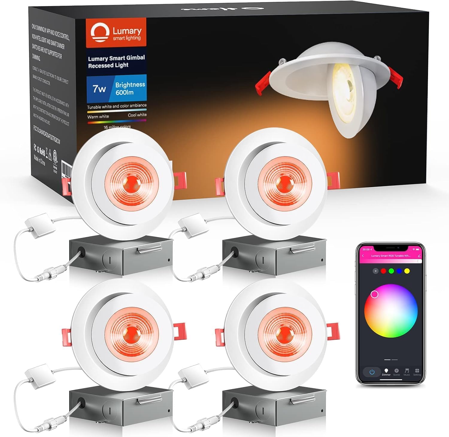 Lumary Smart 4 Inch LED Recessed Lights, 360°+ 90° Adjustable Gimbal Downlight, 7W 550Lm Eyeball Soffit Lights Outdoor LED Exterior, Canless with Junction Box-ETL, Work with Alexa Google Siri, 4 Pack Lumary Smart 4 Inch LED Recessed Lights, 360°+ 90° Adjustable Gimbal Downlight, 7W 550Lm Eyeball Soffit Lights Outdoor LED Exterior, Canless with Junction Box-ETL, Work with Alexa Google Siri, 4 Pack