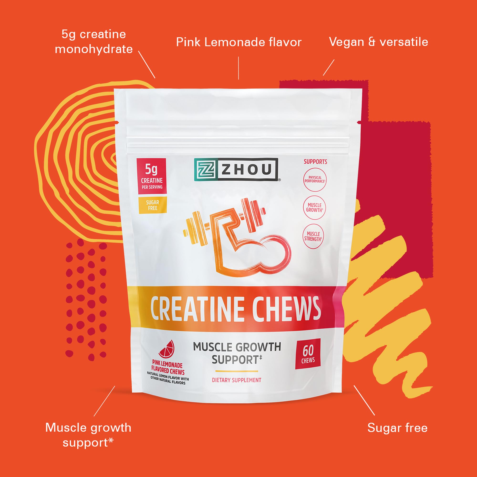 Amazon.com: ZHOU Nutrition 肌酸單水咀嚼片5 克男女皆宜無糖、有機
