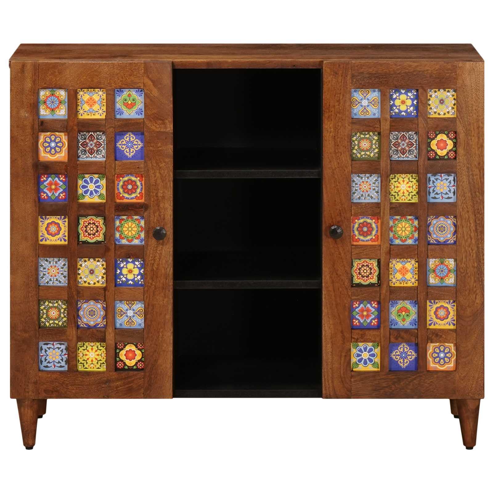 Credenza in noce con ripiano, in legno massiccio di mango, 90 x 33,5 x 75 cm, mobile basso con 2 ante a cerniera e spazio per TV, HiFi, CD, DVD, vinile, console di gioco, ricevitore
