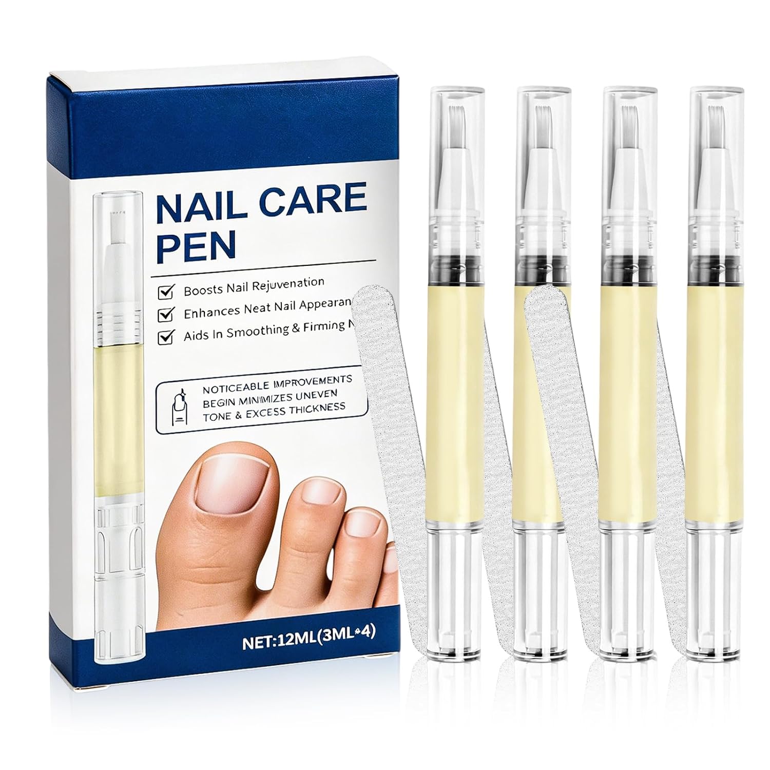 Nagelpilzstift 4 Stück mit 4 Nagelfeilenstreifen | Nail Care Pen, Natürliche Pflanzenextrakte, für beschädigte, gebrochene und verdickte Zehennägel