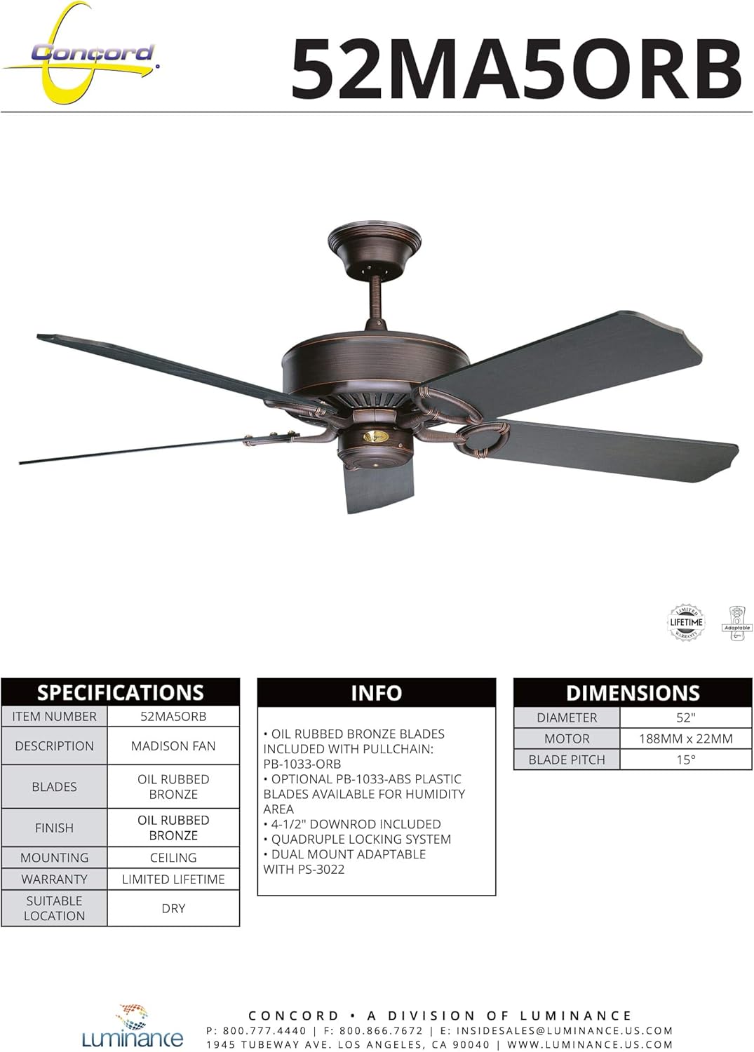 Special Concord Fans 52MA5ORB 52 Inch Madison Ceiling Fan - Oil Rubbed Bronze Special Concord Fans 52MA5ORB 52 Inch Madison Ceiling Fan - Oil Rubbed Bronze