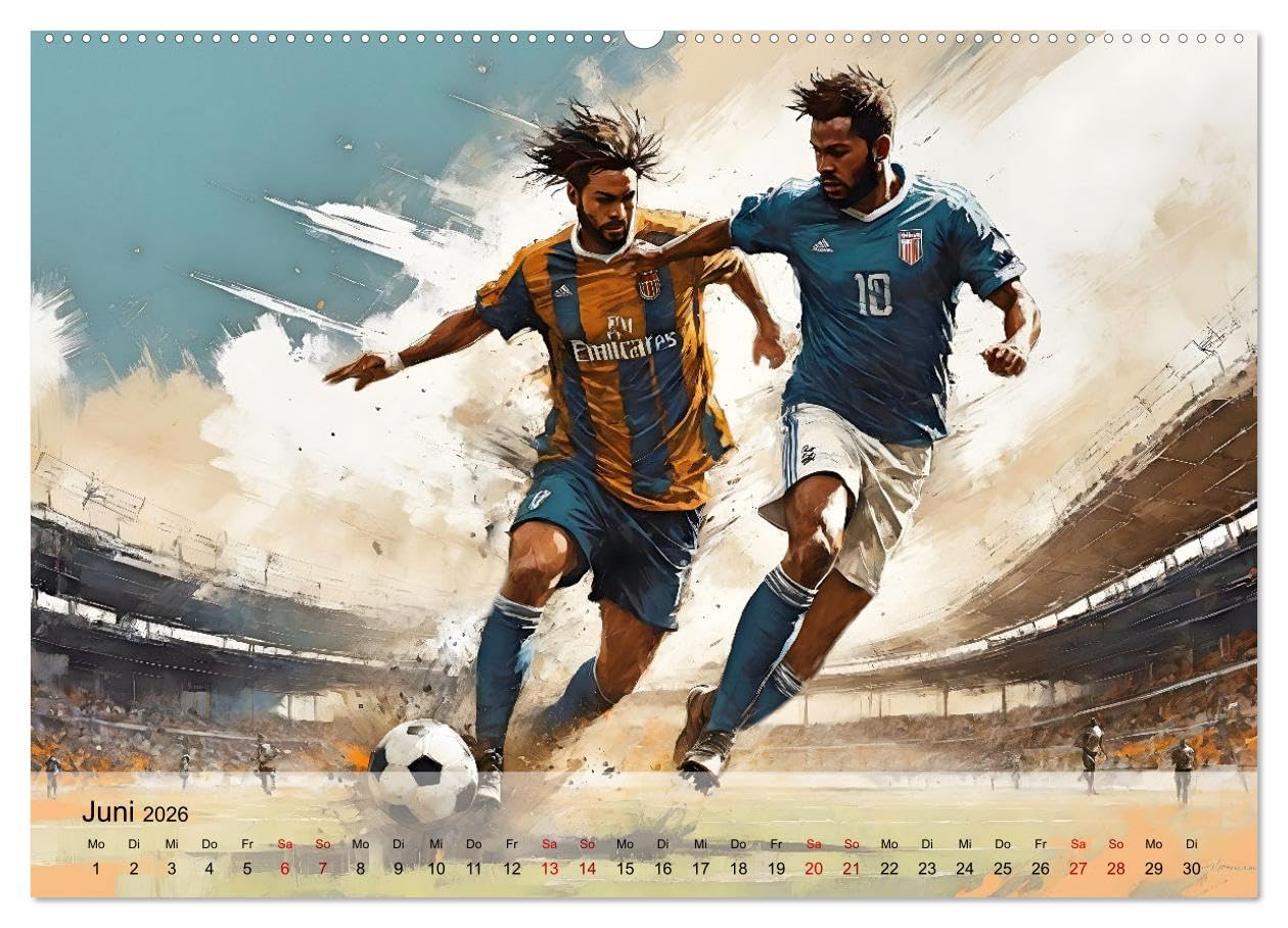 Fußball - Finale (hochwertiger Premium Wandkalender 2026 DIN A2 quer), Kunstdruck in Hochglanz: Atmosphärische Illustrationen dynamischer Spielszenen rund um das Thema Fußball (CALVENDO Sport)