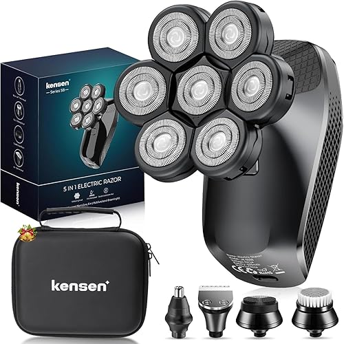7D Head Shavers for Bald Men - 5 in 1 kensen Electric Head Hair Shaver, Christmas Gift Head Electric Razor with Nose Hair & Beard Trimmer Cordless IPX6 Waterproof Wet Dry LED Display Travel Case