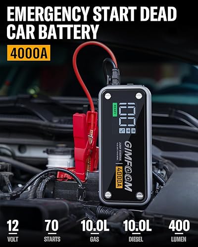 Miniatura 10 de Arrancador de salto, batería de arranque de 4000 A con cargador de pared (motores de gas de 10 L y diésel de 10 L), batería de 12 V para automóvil