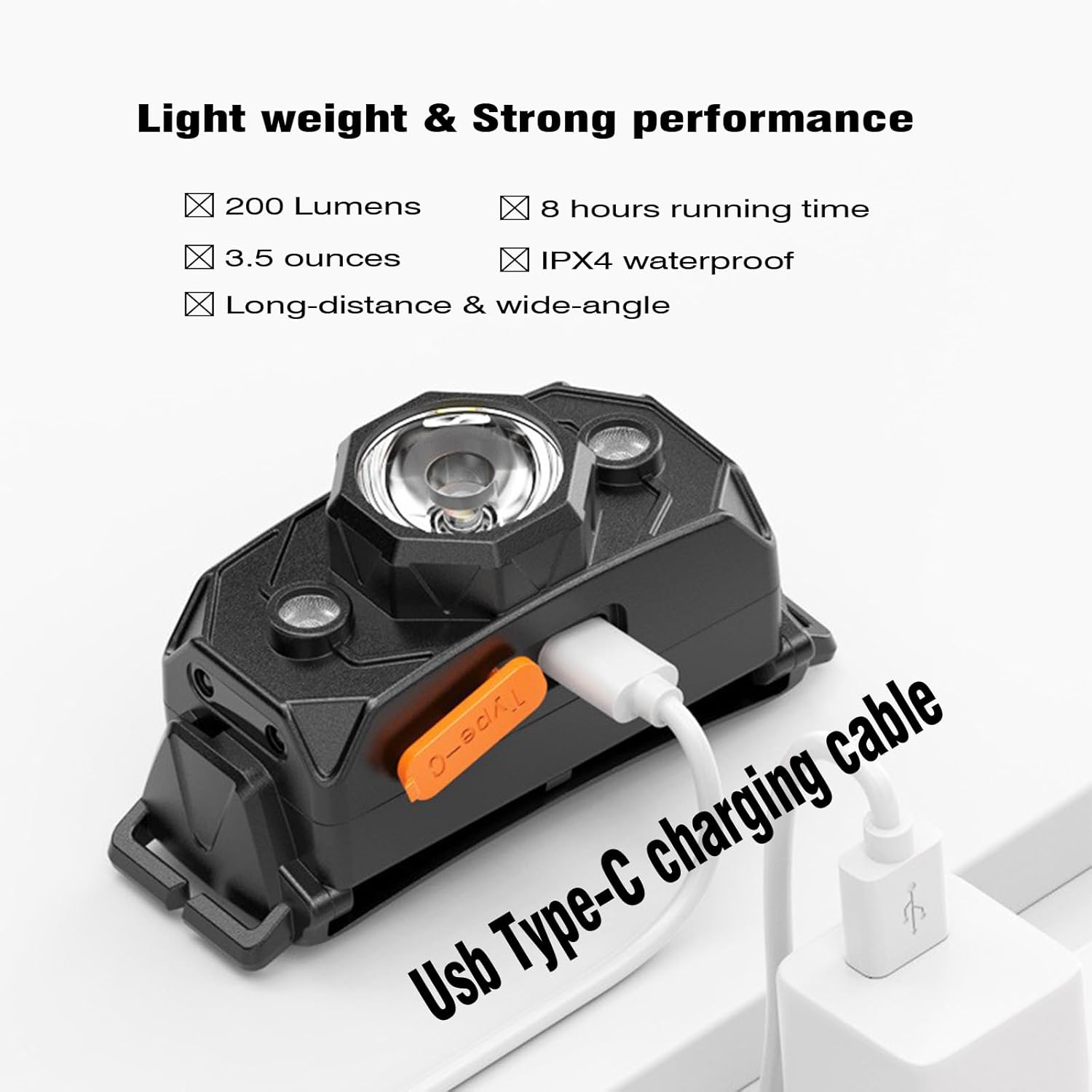Close-up of the ODEAR mini02 headlamp showing the USB-C charging port with a cable inserted.
