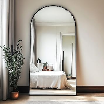 Full Length Mirror, 71x30 Floor Mirror with Stand, Arched Wall Mounted Mirror, Large Full Body Mirror with Aluminum Frame Hanging or Leaning for Bedroom, Living Room, Cloakroom Black