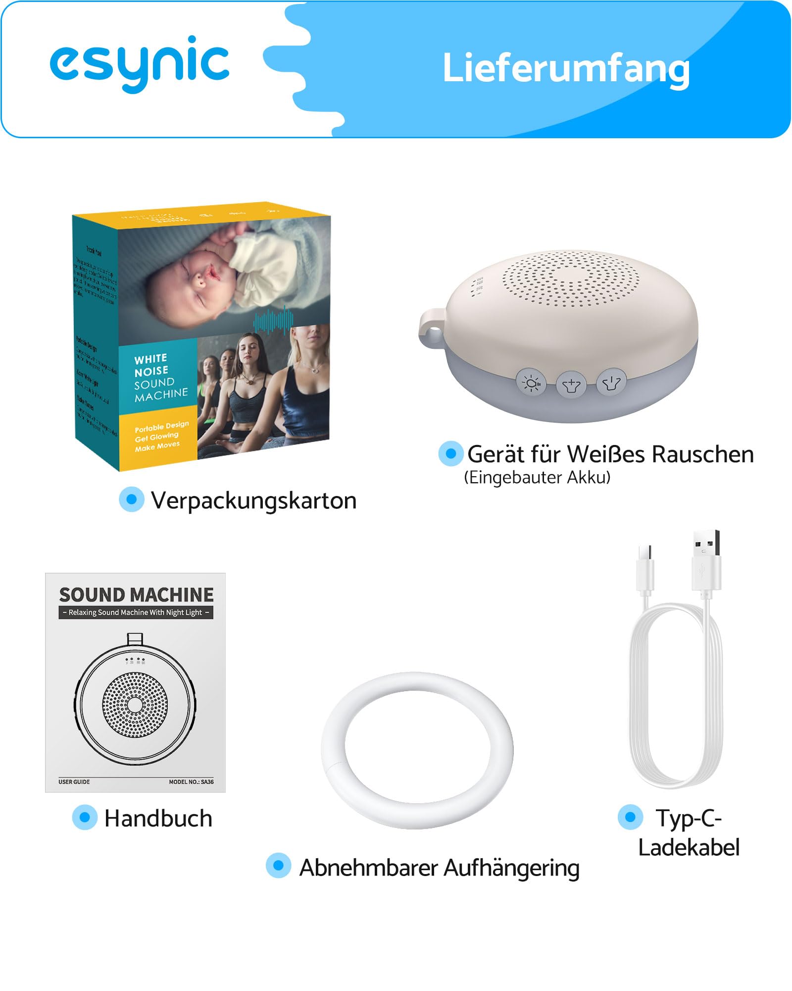 eSynic Weißes rauschen Baby Einschlafhilfe Baby & Erwachsene Tragbare White Noise Machine mit Nachtlicht Mini Sound Machine 12 Beruhigende Geräusche Timer & Akku für Schlafzimmer & Reise Hellbeige