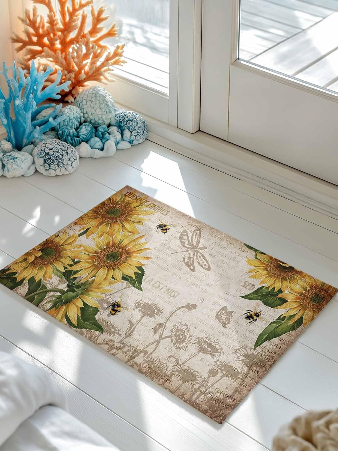 Front Door Mat, Non - Slip Absorbent Door Entry Mats, Doormats Indoor/Outdoor Entrance Small Rugs, Retro Farmhouse Sunflowers and Honey Bee Vintage Background Doormat - Floor Mats for Home 18x30 Inch