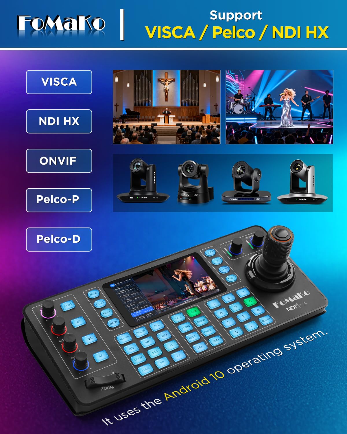 FoMaKo Controlador de câmera NDI PTZ LCD de 3 polegadas, teclado