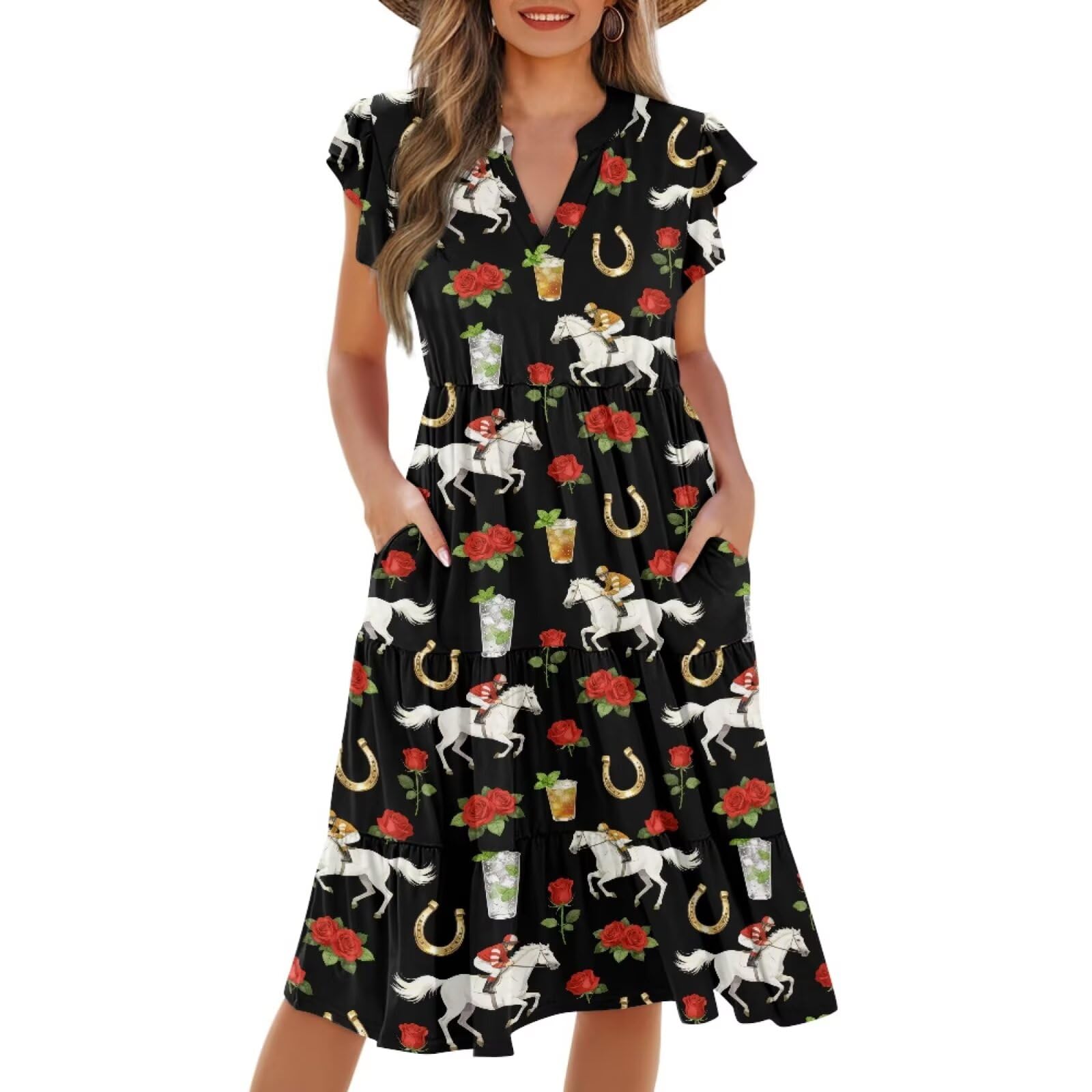 Womens Summer Dress Ruffle Sleeve V Neck Dress Casual Fit Flowy Beach Vacation Sundress with Pocket S-2XL
