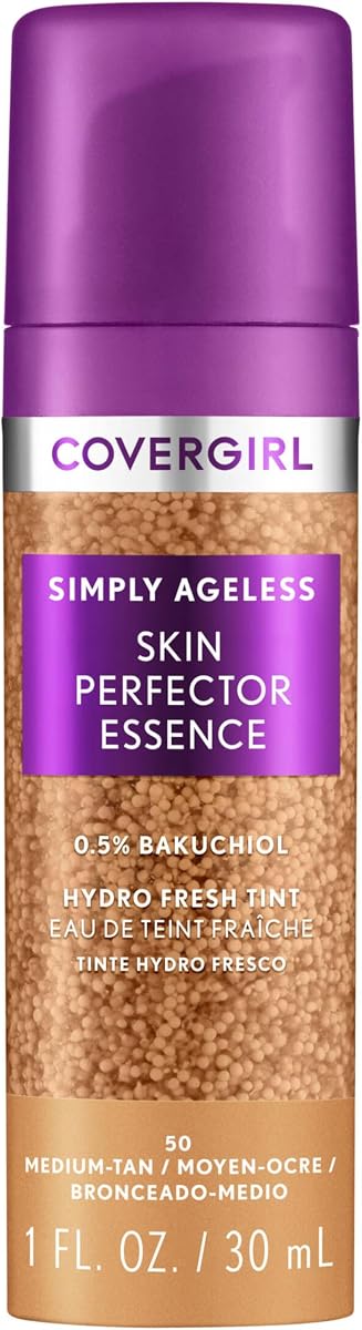 Simply Ageless Skin Perfector Essence Foundation, 50 bronceado medio, maquillaje híbrido para el cuidado de la piel con color, tinte transparente, acabado radiante, acabado brillante, fórmula vegana, 1.0 oz