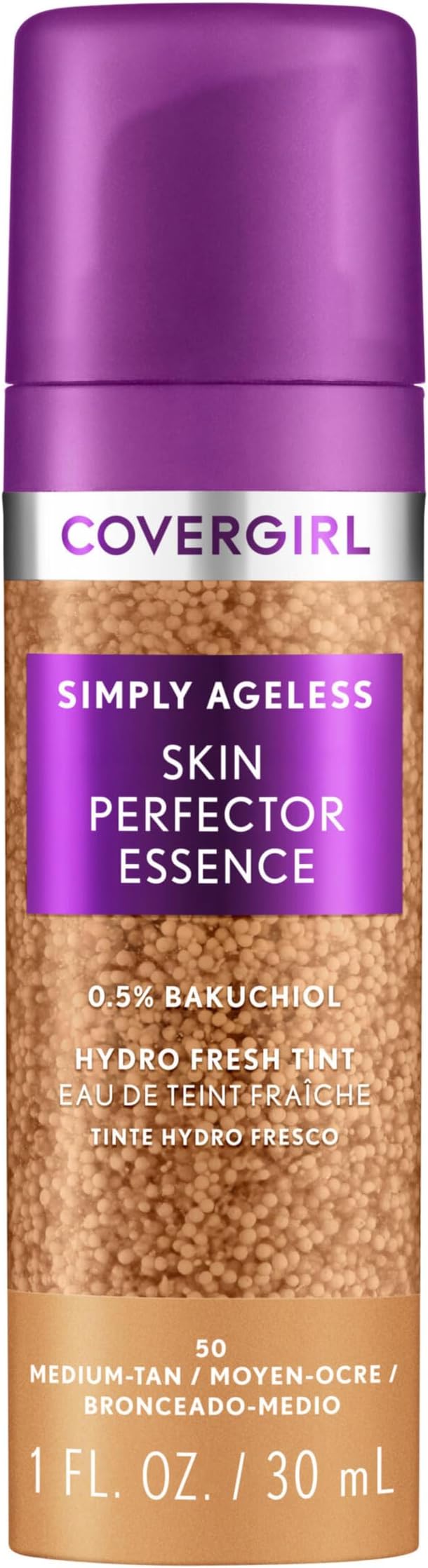 Simply Ageless Skin Perfector Essence Foundation, 50 Medium-Tan, Tinted Skincare Makeup Hybrid, Sheer Tint, Radiant Finish, Glowy Finish, Vegan Formula, 1.0oz