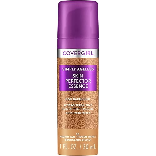 Covergirl Simply Ageless Skin Perfector Essence Foundation, 50 Medium-Tan, Tinted Skincare Makeup Hybrid, Sheer Tint, Radiant Finish, Glowy Finish, Vegan Formula, 1.0oz